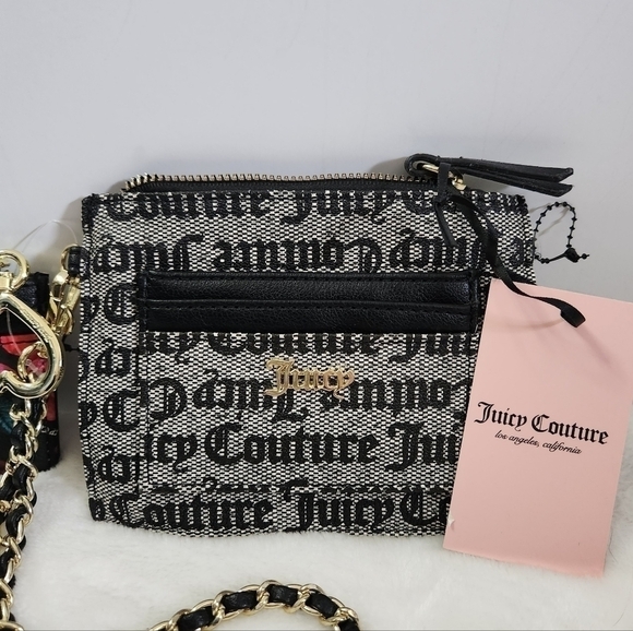 Juicy Culture Black Beige Floral Wristlet Credit Card Key Chain 2 Piece Set NWT - Picture 3 of 14